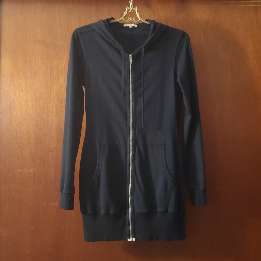James Perse Black Longline Zip Hoodie, Black, Size 2